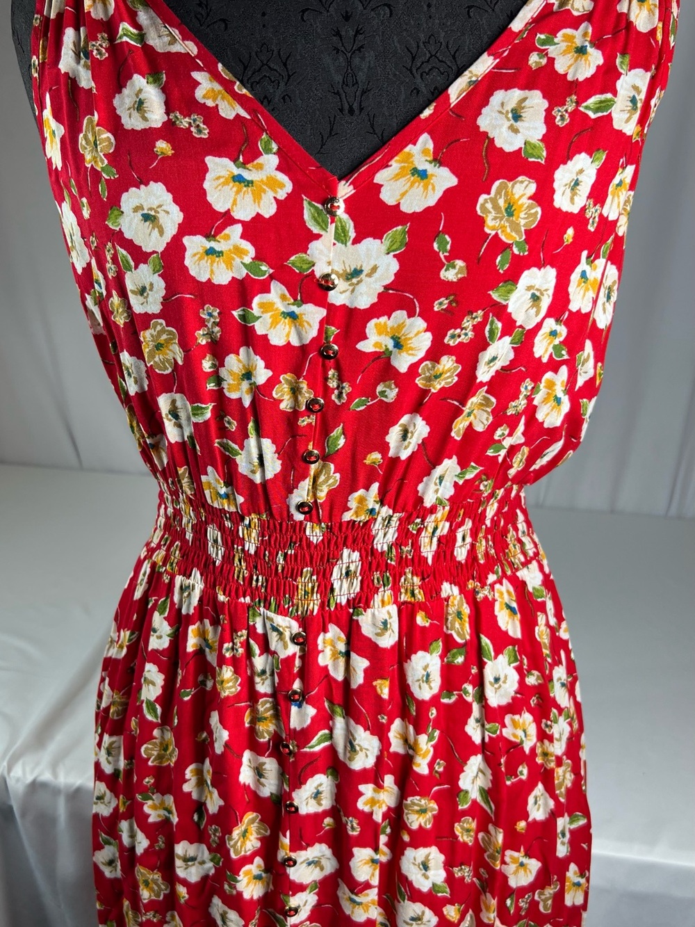 Indigo Red Floral Maxi Dress with White & Yellow Flowers size M